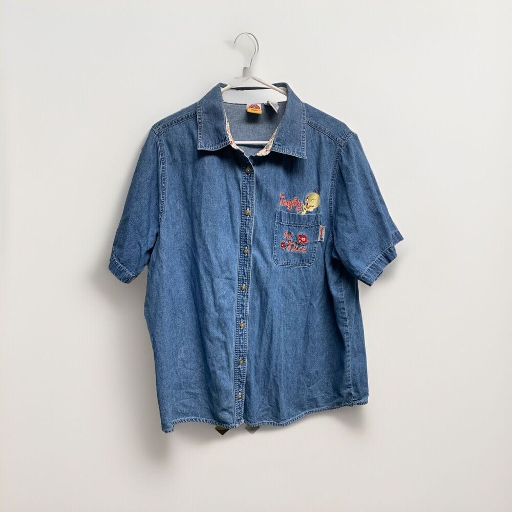 Vtg 18W-20W Looney Tunes Denim Shirt Tweety Bird Naughty But Nice Short Sleeve